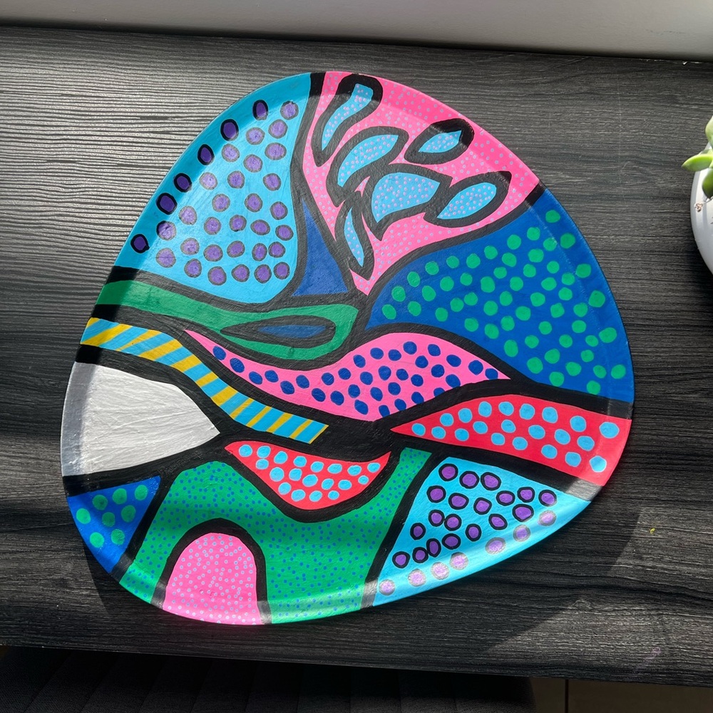 Vibrant Abstract Art Serving Tray with Pink and Blue Accents